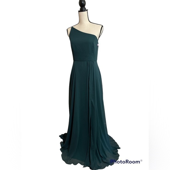 AFTER SIX One-Shoulder Chiffon Maxi Dress w/ Shirred Front Slit -Evergreen Sz 10 - Picture 4 of 12